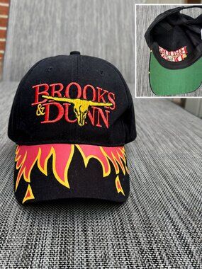 Brooks & Dunn Flame Brim Cap Leather Strapback Green Underbill 90s Country Y2K